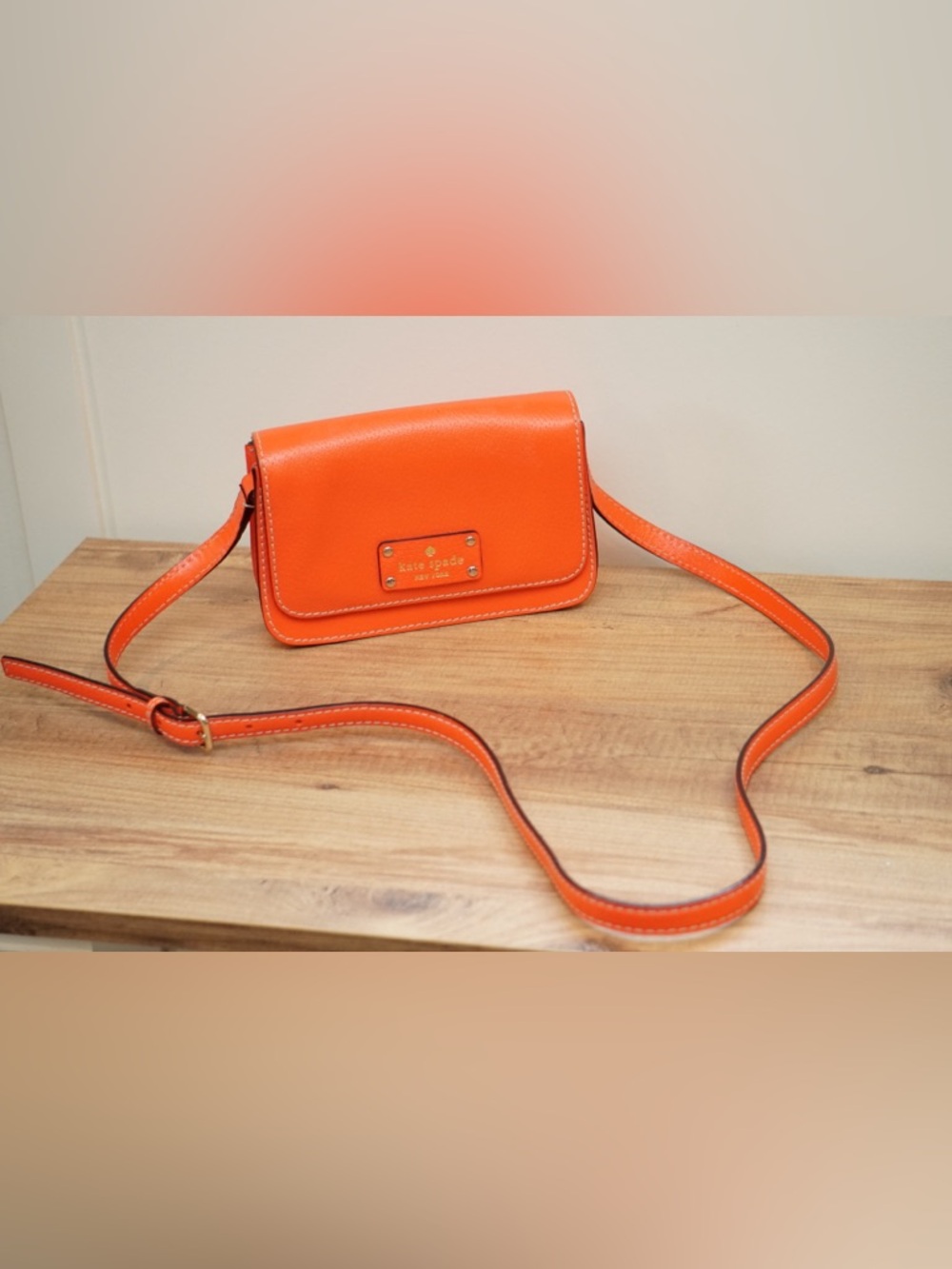 Kate Spade Orange Leather Small Crossbody Plaque Logo Contrast Stitch